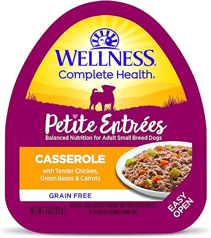 Photo 1 of BB 07-30-2024  Wellness Natural Pet Food Petite Entrees Casserole Grain Free Natural Wet Small Breed Dog Food, Tender Chicken, Green Beans & Carrots, 3-Ounce Cup (Pack of 24)