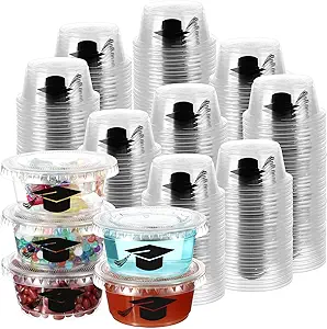 Photo 1 of 300 Sets Jelly Shot Cups with Lids Graduation Plastic Portion Cups 2 oz Disposable Shot Condiment Cups Congrats Grad Souffle Cups for Graduation Party Dipping Sauces, Snack and Picnics