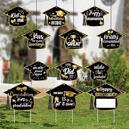 Photo 1 of 12pcs Graduation Yard Signs, 12.6 x 8.7 Inch Plastic Graduation Lawn Grad Garden Signs with Ribbon and Plastic Stakes 12 Patterns Graduation Yard Stakes Graduation Outdoor Yard Decorations