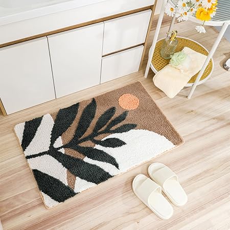 Photo 1 of Bath Mat, Plants, Rectangular, 24'x16', Brown Bamboo, High Pile, TPR Back, Absorbent, Non Slip, Washable, Bathroom, Bedroom, Hallwa