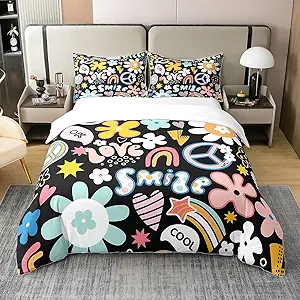 Photo 1 of 100% Cotton Groovy Flower Comforter Cover Queen for Kids,Cartoon Rainbow Stars Daisy Peace Sign Bedding Set Cute Room Decor for Teen Girls,Hippie Aesthetic Funny Duvet Cover Y2K Decor Bedspread Cover