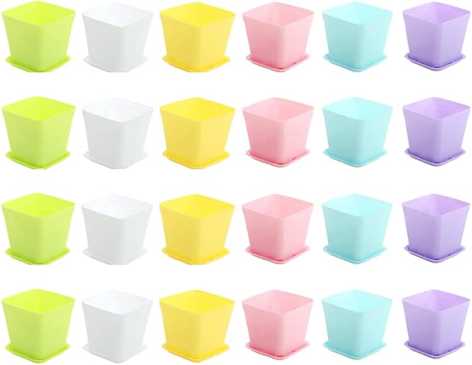 Photo 1 of 24 Pack Colorful Flower Pots Square Plastic Plant Pots Succulent Planter Nursery Pots with Saucers for Your Room,Garden Office and Balcony Decor