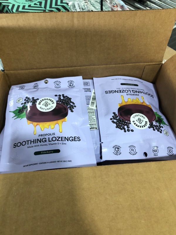 Photo 2 of Beekeeper's Naturals Soothing Honey Elderberry Cough Drops Immune Support with Vitamin D, Zinc and Propolis Throat Soothing Lozenges, 14 Ct Elderberry Lozenges 14ct 12 Pack.
