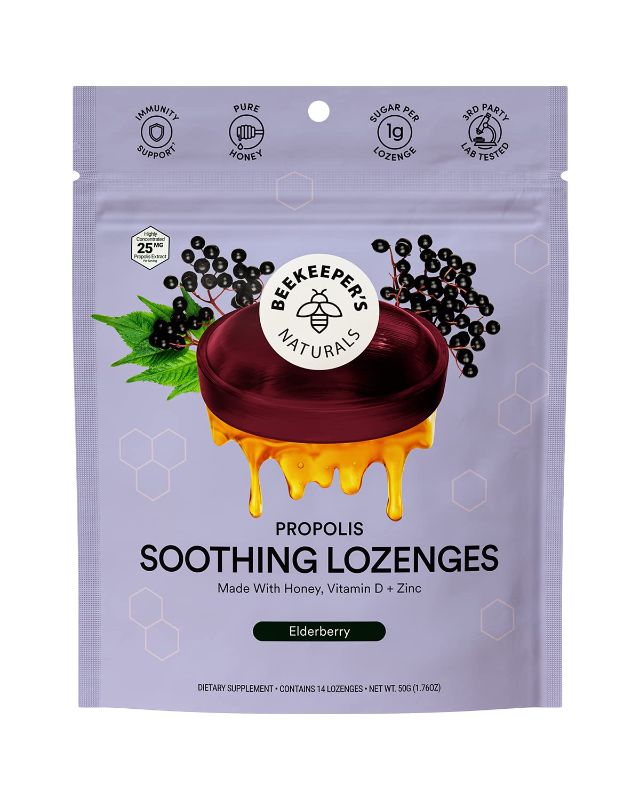 Photo 1 of Beekeeper's Naturals Soothing Honey Elderberry Cough Drops Immune Support with Vitamin D, Zinc and Propolis Throat Soothing Lozenges, 14 Ct Elderberry Lozenges 14ct 12 Pack.
