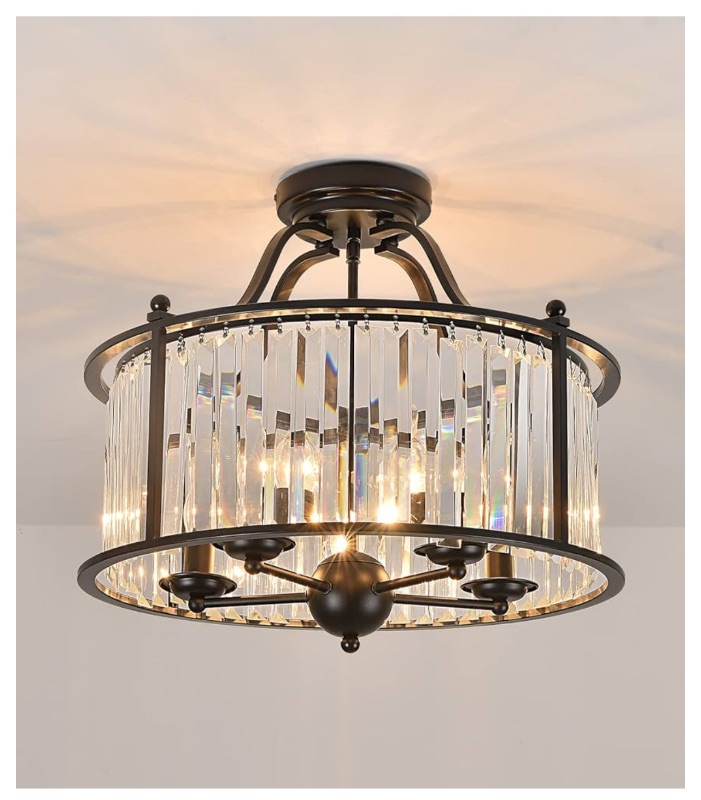 Photo 1 of 5-Light Black Ceiling Light Crystal Chandelier Modern Bedroom Chandelier Semi Flush Mount Lighting Fixture for Living Room Dining Room Kitchen Bedroom Foyer Hallway E12