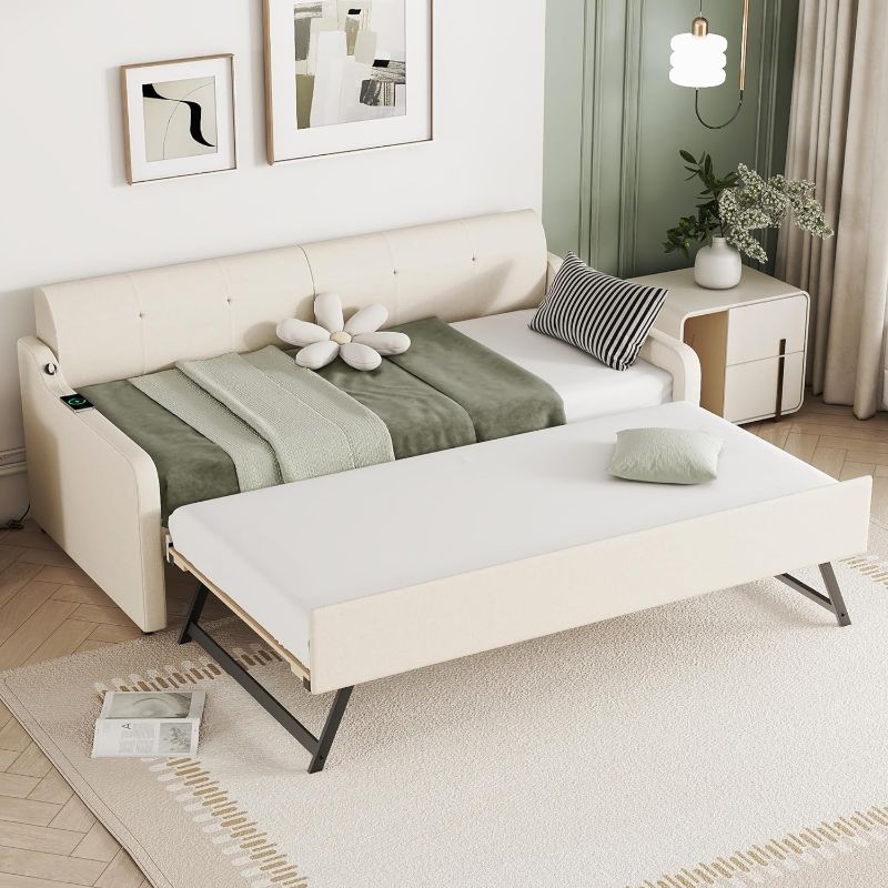 Photo 1 of [SET 2 OF 2] Upholstered Daybed with Pop Up Trundle, Twin Size Daybed with Trundle and USB Charging Design, Trundle can be Flat or Erected, Extendable Daybed Frame for Kids Teens (Beige,Twin)
