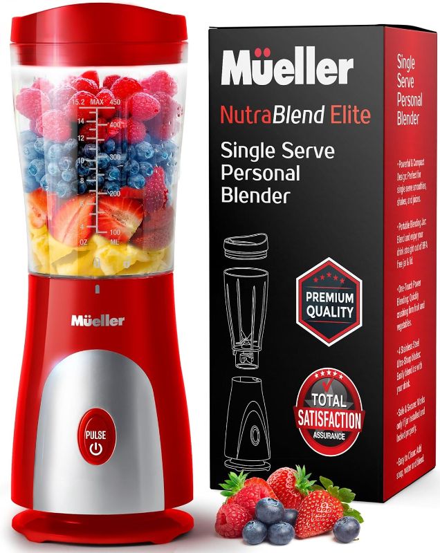 Photo 1 of  Mueller Personal Blender for Shakes and Smoothies with 15 Oz Travel Cup and Lid, Juices, Baby Food, Heavy-Duty Portable Blender & Food Processor, Red 