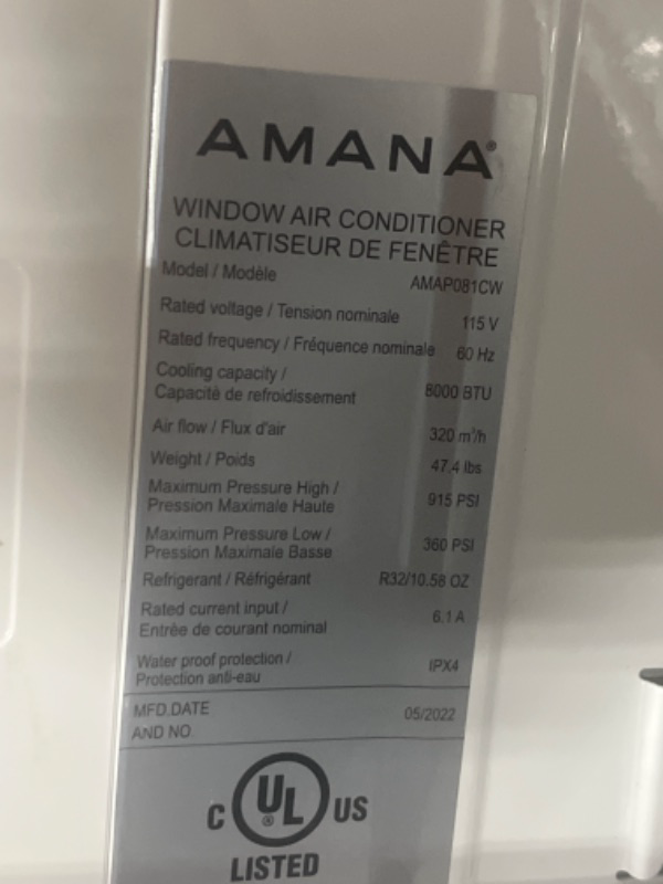 Photo 1 of Amana 8,000 BTU Window Air Conditioner with Dehumidifier, 115V, Window AC for Rooms up to 350 Sq. Ft., Bedrooms, Bathrooms, and Nurseries with Remote Control, Digital Display, Timer, 3 Cooling Speeds
