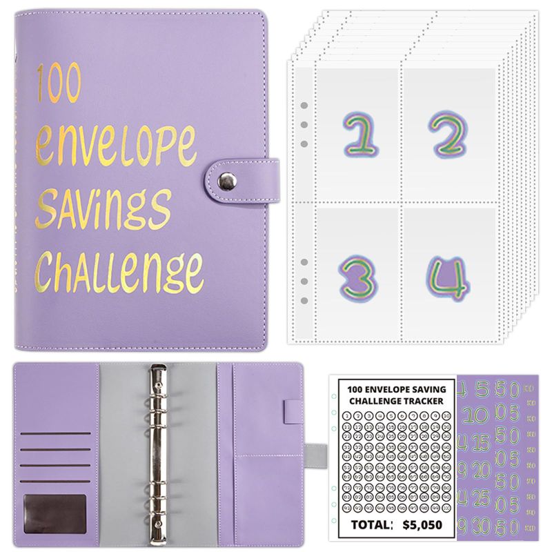 Photo 1 of 100 Envelope Savings Challenge Binder, Money Envelope Savings Challenge Book, Money Saving Binder Easy and Fun Way to Save $5,050, Money Challenge Book Budget Binder with Cash Envelopes Purple