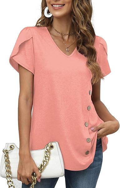 Photo 1 of [Size L] Beimuc Womens Tops Petal Short Sleeve V Neck Casual Summer Trendy Shirts Tshirts Fashion Blouses Button