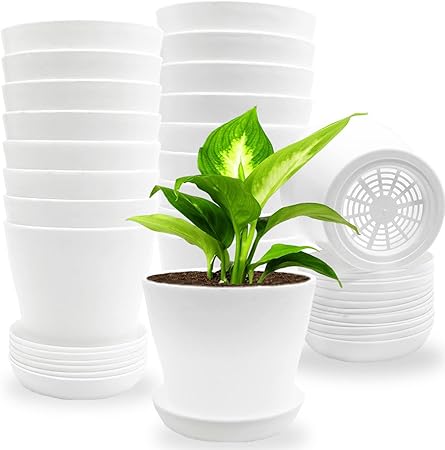 Photo 1 of 18 Pack White Plastic Planters,Modern Decorative Plastic Pots with Drainage Holes and Tray,4 Inch Mini Flower Seedlings Nursery Pot for All House Plants,Succulents,Flowers