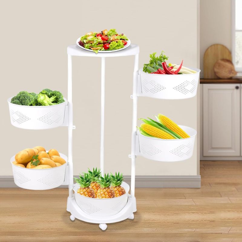 Photo 1 of 5 Tier Kitchen Swivel Storage Rack, Fruit & Vegetable Organiser with Wheels, with Rollers, Fruit & Vegetable Organiser for Fruit & Vegetable Groceries Corn Potato Onion
