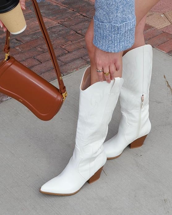 Photo 1 of Cowboy Boots For Women White Short,Women's Embroidered Modern Western Cowboy Boot Cowgirl Style Knee High Pointed Toe Wide Calf Chunky Heel Fashion Retro Classic Boot Pull-On /8.5
