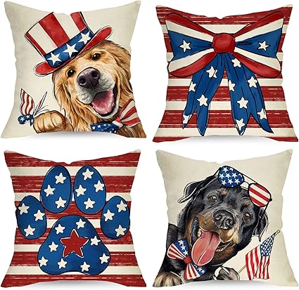 Photo 1 of 4th of July USA Patriotic Dogs Decorative Throw Pillow Covers 18 x 18 Set of 4, American Stars Stripes Puppy Paw Cushion Case Decor, Independence Day Golden Retriever Rottweiler Home Decoration
