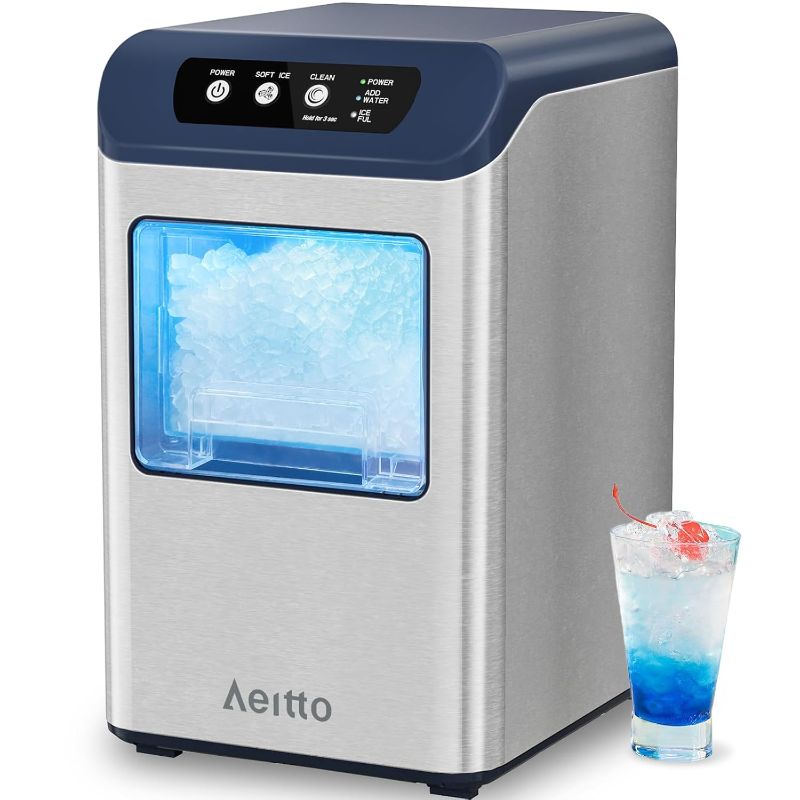 Photo 1 of Aeitto Nugget Ice Maker Countertop, 55 lbs/Day, Chewable Ice Maker, Rapid Ice Release in 5 Mins, Auto Water Refill, Self-Cleaning, Stainless Steel Housing Ice Machine,Blue
