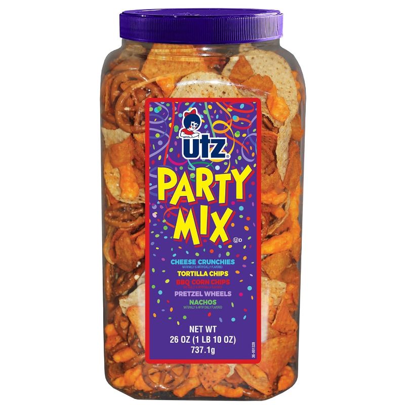 Photo 1 of ** Best By AUG 12 2024 ** Utz Party Mix - 26 Ounce Barrel - Tasty Snack Mix Includes Corn/Nacho Tortillas, Pretzels, BBQ Corn Chips and Cheese Curls, Easy and Quick Party Snacks, Cholesterol Free and Trans-Fat Free
