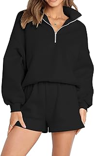 Photo 1 of Aleumdr Women's 2 Piece Outfits Zipper Waffle Knit Lounge Sets 2024 Fashion Long Sleeve Shorts Matching Sets with Pockets Black, Medium