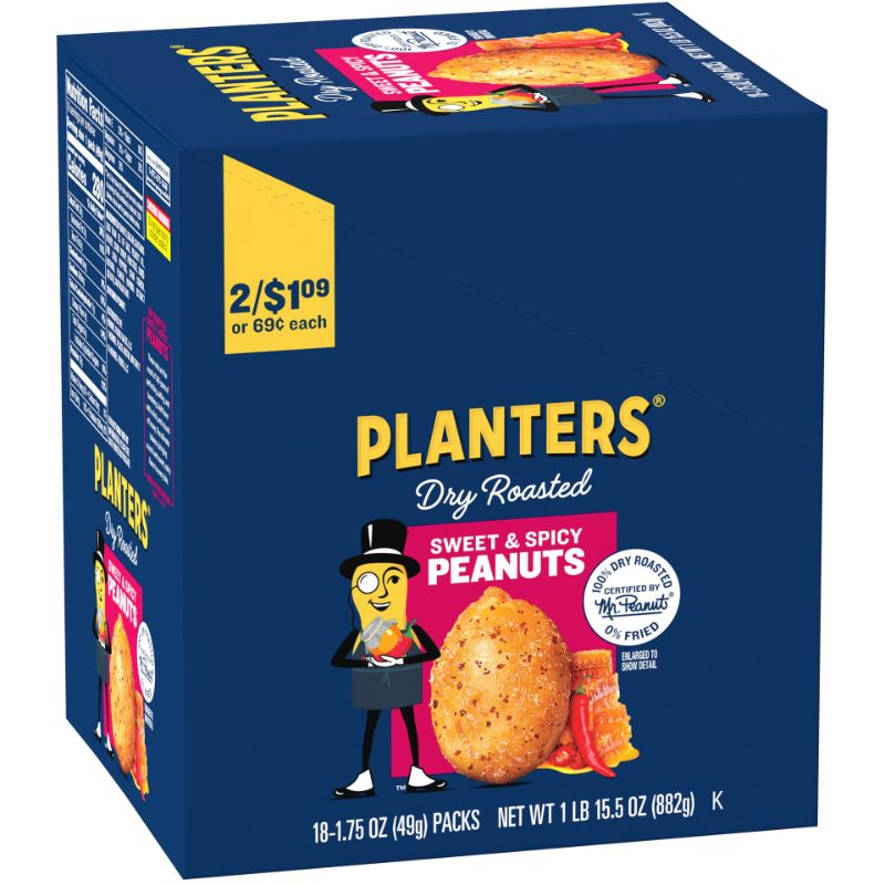 Photo 1 of 2 PACK - Planters Sweet and Spicy Dry Roasted Peanuts, 1.75 oz. (18-Pack) Sweet and Spicy 1.75 Ounce (Pack of 18).
best by sep 2024 