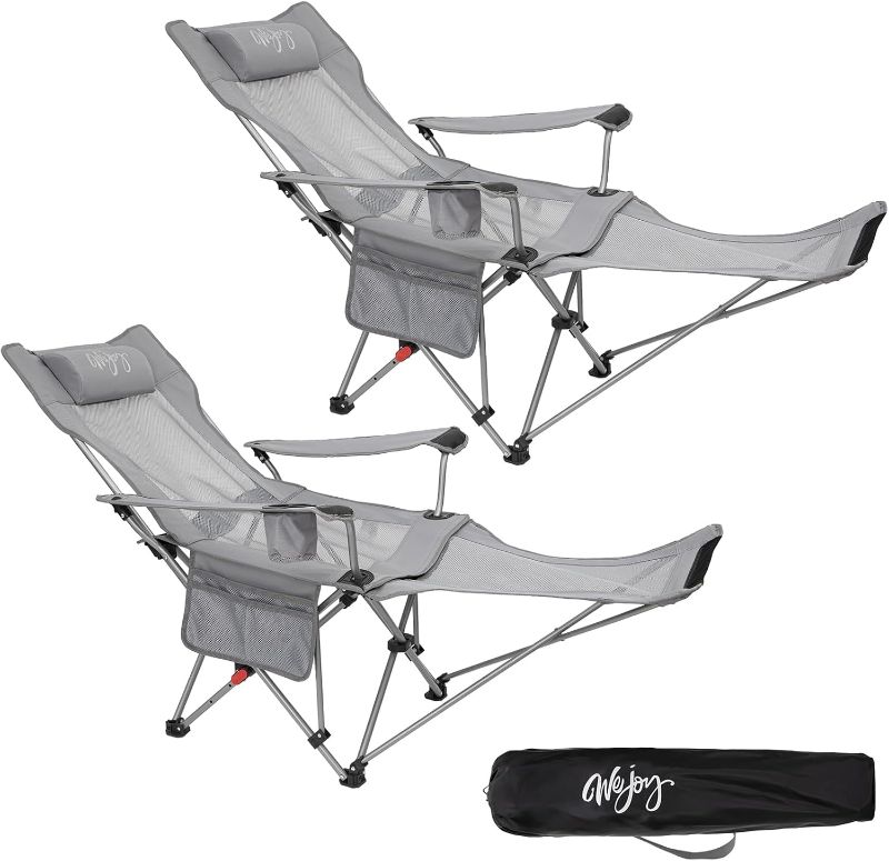 Photo 1 of #WEJOY 2-in-1 Reclining Camping Chair, Lightweight Folding Camping Chair with Adjustable Backrest & Footrest, Camping Lounge Chair with Headrest, Cup Holder, Storage Bag, for Beach, Lawn, 2 Pack