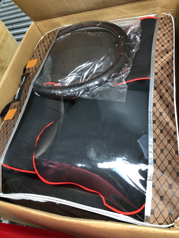 Photo 3 of ***USED - LIKELY MISSING PARTS - UNABLE TO VERIFY FUNCTIONALITY***
5PCS H7 Front and Back Car Seat Covers Auto Interior Accessories with Water Proof Nappa Leather for Cars SUV Pick-up Truck Universal Comfortable and Breathable (Full Set, Black&Red line)