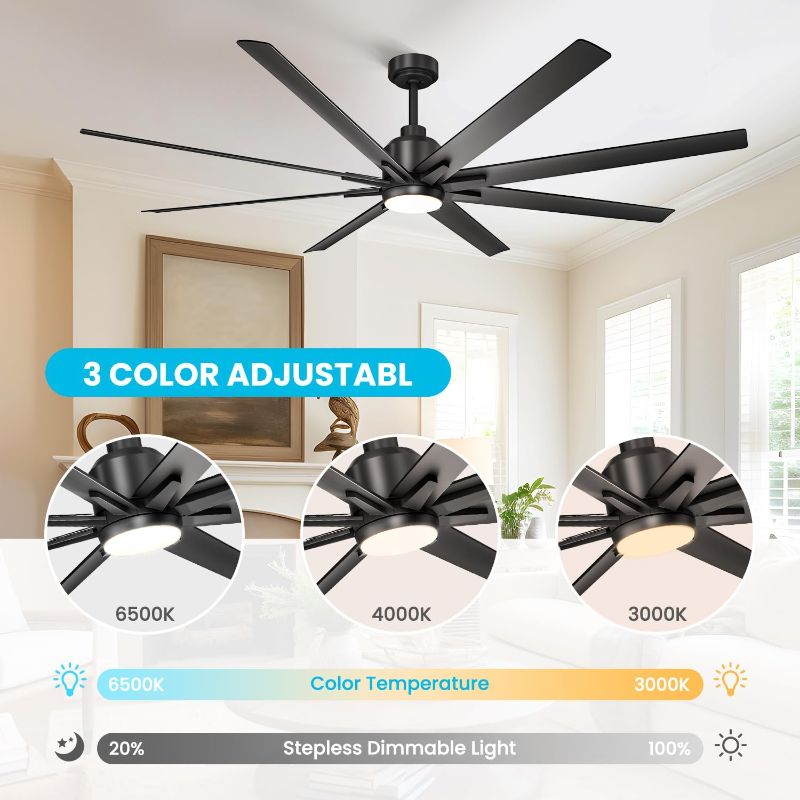 Photo 4 of (READ FULL POST) CJOY 72 inch Large Ceiling Fans with Lights and Remote, Black Modern Ceiling Fan for Patio 8 Blades, 6 Speeds, Reversible DC Motor, Dimmable LED, Ceiling Fan with 12" & 24" Downrod, Indoor/Outdoor 72 inch | Black