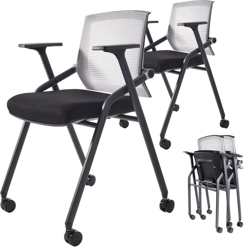 Photo 1 of (READ FULL POST) 2 Pack Stackable Conference Room Chairs with Paddle Folding Office Chair Foldable Desk Chair Mesh Back and Arms for Conference Meeting Guest Reception Home Office Training Room Chair