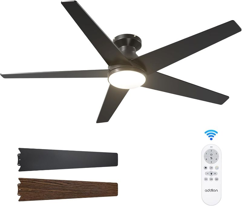 Photo 1 of addlon Ceiling Fans with Lights, 52 inch Low Profile Ceiling Fan with Light and Remote Control, Flush Mount, Reversible, 3CCT, Dimmable, Noiseless, Black Ceiling Fan for Bedroom, Indoor/Outdoor Use
