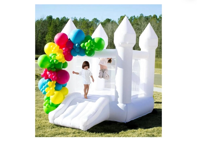 Photo 1 of *UNKNOWN ANY HOLES OR DAMAGE** Small Inflatable Bounce House, White Bounce House Jumping Castle with Slide, Blower, Patches, Floor Mat, Stakes, Storage Bag (for 2 Kid, 3-6 Years), Oxford Durable Sewn
