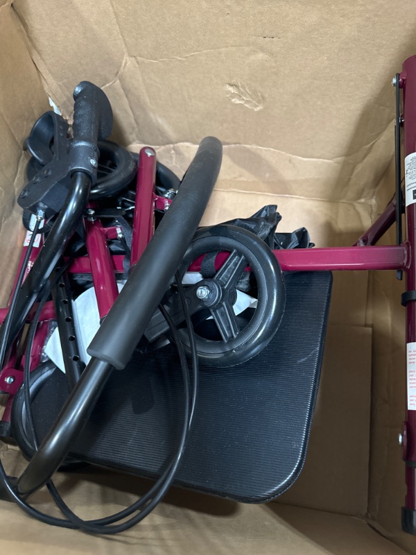 Photo 3 of ***USED - MISSING WHEEL - OTHER PARTS LIKELY MISSING AS WELL - DAMAGED - TORN***
Medline Rollator Walker with Seat, Steel Rolling Walker with 6-inch Wheels Supports up to 350 lbs, Medical Walker, Burgundy