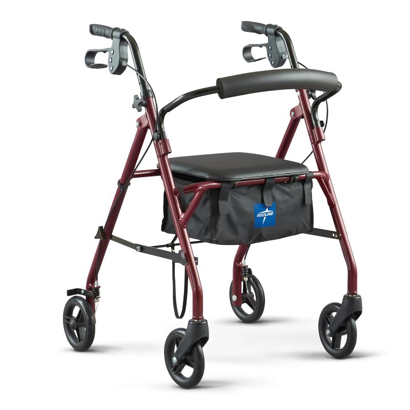Photo 1 of ***USED - MISSING WHEEL - OTHER PARTS LIKELY MISSING AS WELL - DAMAGED - TORN***
Medline Rollator Walker with Seat, Steel Rolling Walker with 6-inch Wheels Supports up to 350 lbs, Medical Walker, Burgundy
