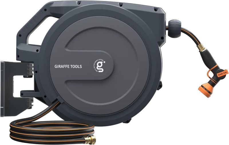 Photo 1 of ***USED - LIKELY MISSING PARTS - UNABLE TO VERIFY FUNCTIONALITY***
Giraffe Tools AW30 1/2MB Retractable Garden Hose Reel 1/2" x 100 ft PRO Metal Bracket, Heavy Duty, Any Length Lock Hose Reel, 100 ft, Dark Grey