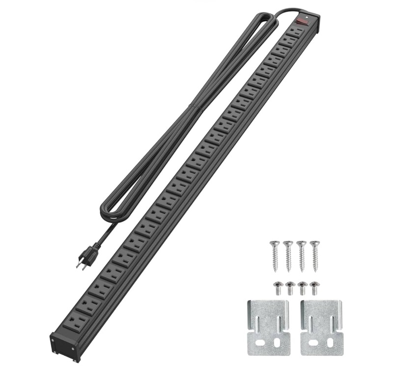 Photo 1 of *missing a few screws** 24 Outlet Metal Power Strip, Extra Long Heavy Duty Power Strip with 10FT Extension Cord, Mountable Power Strip for Warehouse Garage Workench, ETL Listed, Black