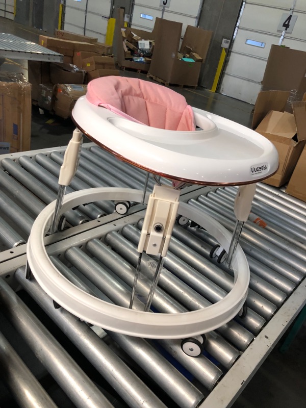 Photo 5 of ***USED - DAMAGED - TORN - SEE PICTURES***
One-Touch Folding Baby Walker, Anti-Roll 8-Wheel Round Chassis, 7-Speed Height Adjustment, with Large Dinner Plate and Brake, 6-18 Months Baby Walker, Pink
