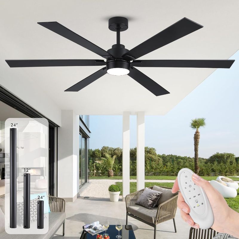 Photo 1 of 66 Inch Black Large Ceiling Fan with Light and Remote, Outdoor Ceiling Fan with Light for Patio, High CFM 6 Blade Ceiling Fan Reversible Quiet DC Motor...
