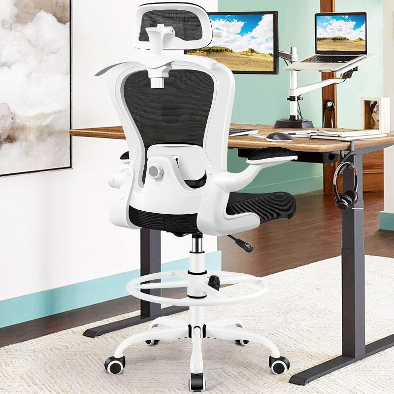 Photo 1 of ***USED - PREVIOUSLY ASSEMBLED - NO PACKAGING - SEE PICTURES - PARTS LIKELY MISSING***
Office Drafting Chair, Tall Office Chair with 3D Lumbar & Head Support, Ergonomic Mesh Standing Desk Chair with Footring, Comfy Extended High Desk Chair with Flip-Up Ar