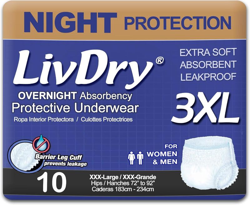 Photo 1 of 
LivDry Adult Incontinence Underwear, Overnight Comfort Absorbency, Leak Protection (XXX-Large (10 Count))