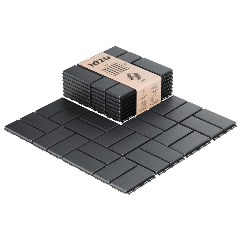 Photo 1 of 
IDZO Plastic Interlocking Deck Tiles - 9PCS Waterproof Outdoor Flooring, All Weather Use Patio Tiles, Decking Stripe Pattern, 12 x 12 x 0.7 Inches, Dark Grey