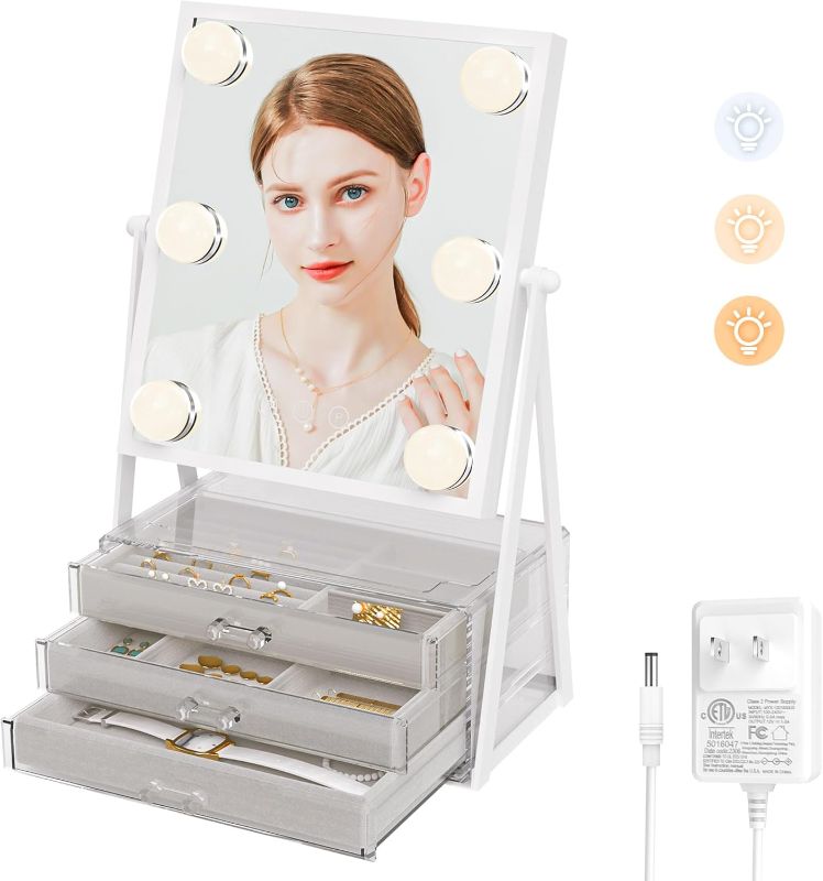 Photo 1 of 2 in 1 Hollywood Vanity Mirror, 3 Color Lighting Makeup Mirror & Dimmable, Vanity Mirror with Lights 12V LED, Touch Control Lighted Makeup Mirror, Lighted Mirror with Storage 3 Layer Dawer