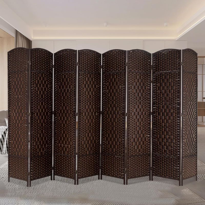 Photo 1 of 8 Panel 5.9 FT High Room Screen Divider Folding Wooden Privacy Screen Room Partitions Portable Room Seperating Divider Indoor Freestanding Woven Wall Divider for Living Room Bedroom Study,Brown
