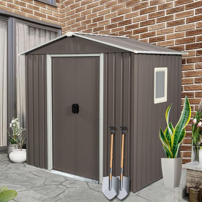 Photo 1 of **USED FOR PARTS ONLY NON-REFUNDABLE**6FT X 5FT Outdoor Metal Garden Storage Shed with Side Window, Utility Tool Shed with Sloping Roof, Air Vents and Lockable Sliding Doors, Storage House for Backyard Lawn, Gray
