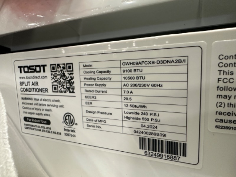 Photo 3 of **SEE NOTES**TOSOT 9,000 BTU Mini-Split Air Conditioner, Wifi Enabled Ductless Inverter Split System AC Unit Heating System, Compatible with Alexa - 20.5 SEER2 230V
