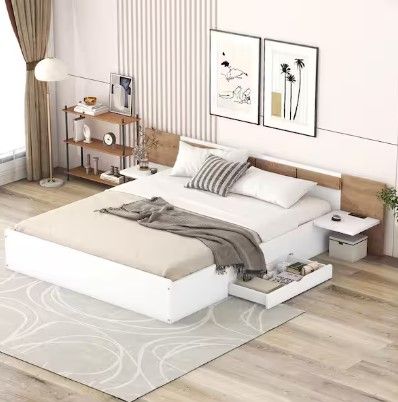 Photo 1 of **SEE NOTES**White Wood Frame Queen Size Platform Bed with Headboard, 2-Drawers, 2-Shelves, USB Ports and Sockets
