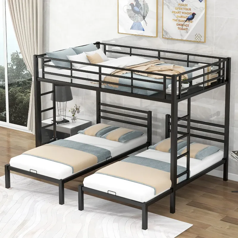 Photo 1 of **SEE NOTES**Triple Bunk Bed, Metal Full Over Twin & Twin Bunk Beds for 3 with Guardrails, Ladder & Upper-Bed Platform, Detachable 3 Bunk Beds for Children, Teens, Adults, No Box Spring Needed, Black
