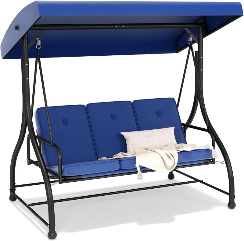 Photo 1 of 3-Seat Outdoor Patio Swing Chair with Adjustable Canopy Removable Cushion, Heavy Duty Porch Swing Glider for Patio, Backyard, Poolside, Balcony - Navy Blue