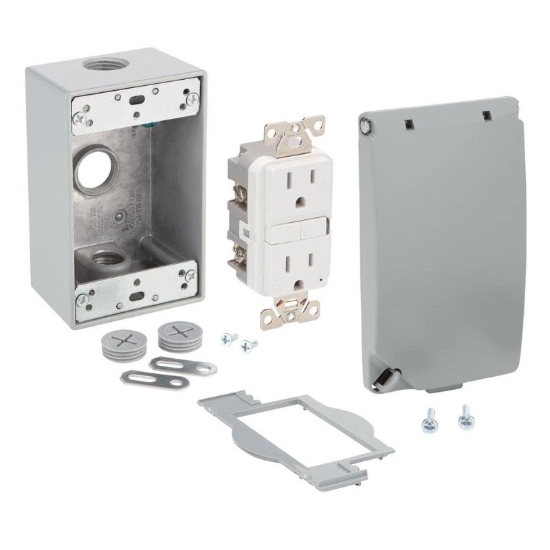 Photo 1 of 1-Gang Metal Weatherproof Electrical Box, Cover and GFCI Kit (24-in-1 Configurations), Gray
