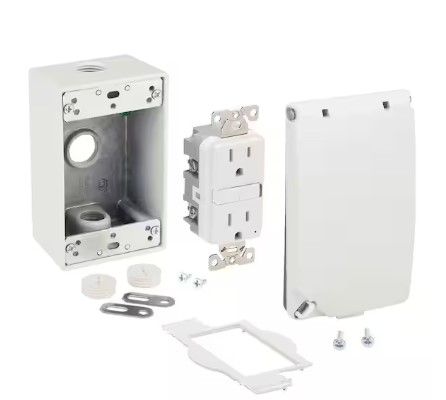 Photo 1 of 1-Gang Metal Weatherproof Electrical Box, Cover and GFCI Kit (24-in-1 Configurations), White
