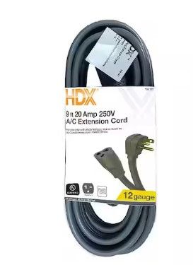 Photo 1 of 9 ft. 12/3 20 Amp 250-Volt Air Conditioner Extension Cord, Grey
