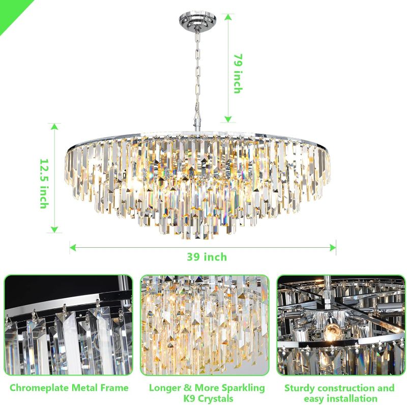 Photo 4 of (READ FULL POST) Chrome Modern Round Top K9 Crystal Chandelier Lighting Fixture, 17 Lights Round K9 Crystal Adjustable Hanging Lamp for Dining Room Bedroom Living Room,Hallway,Bar,Kitchen W39''