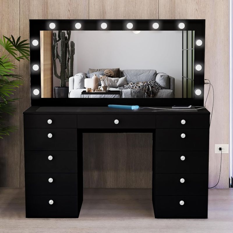 Photo 1 of **SEE NOTES**Boahaus Orla Extra-Large Makeup Vanity, White Vanity Mirror with Lights Built-in, Makeup Vanity with Lights and Chair, 11 Drawers, Power Outlet, Crystal Ball Knobs White Crystal Ball Knobs