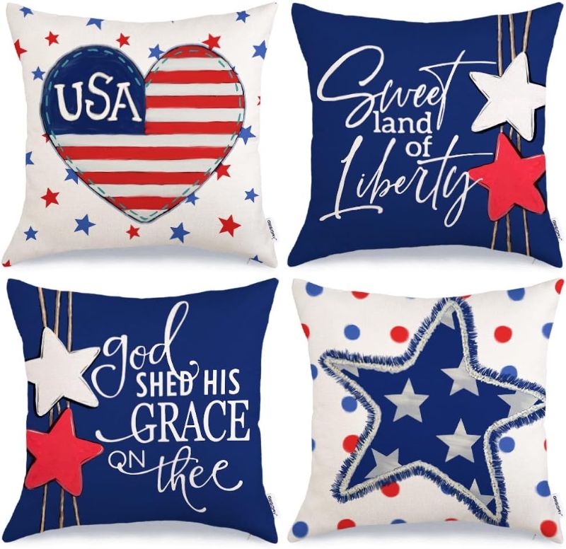 Photo 1 of 4th of July Pillow Covers 18x18 Inch Set of 4, Patriotic Heart Star Sweet Land of Liberty God Shed His Grace on Thee Farmhouse Throw Pillowcases for Home Sofa Couch Decoration G529-18